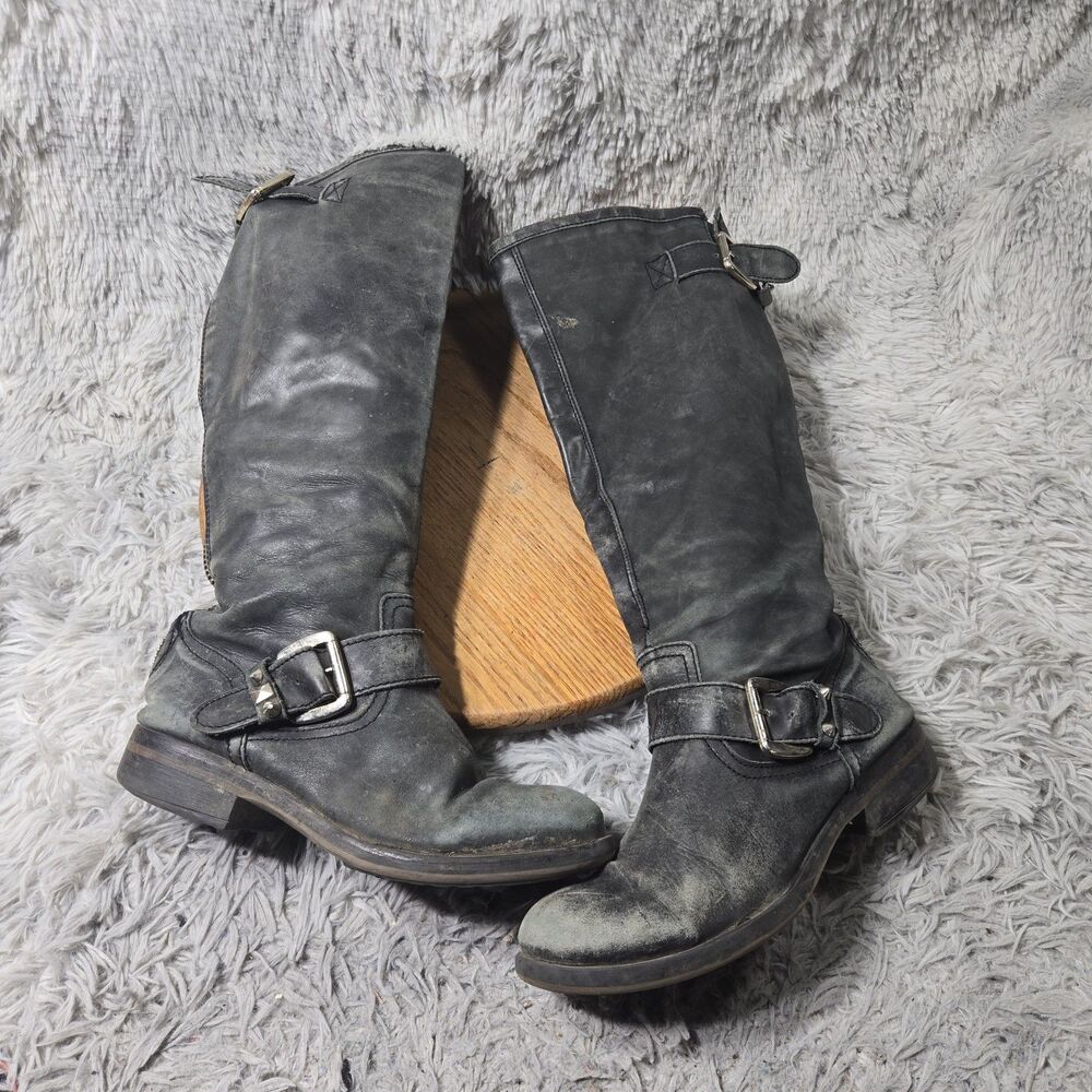 Distressed Steve Madden Women Black Leather Suede Zip Riding Boots Lizzie Size 9